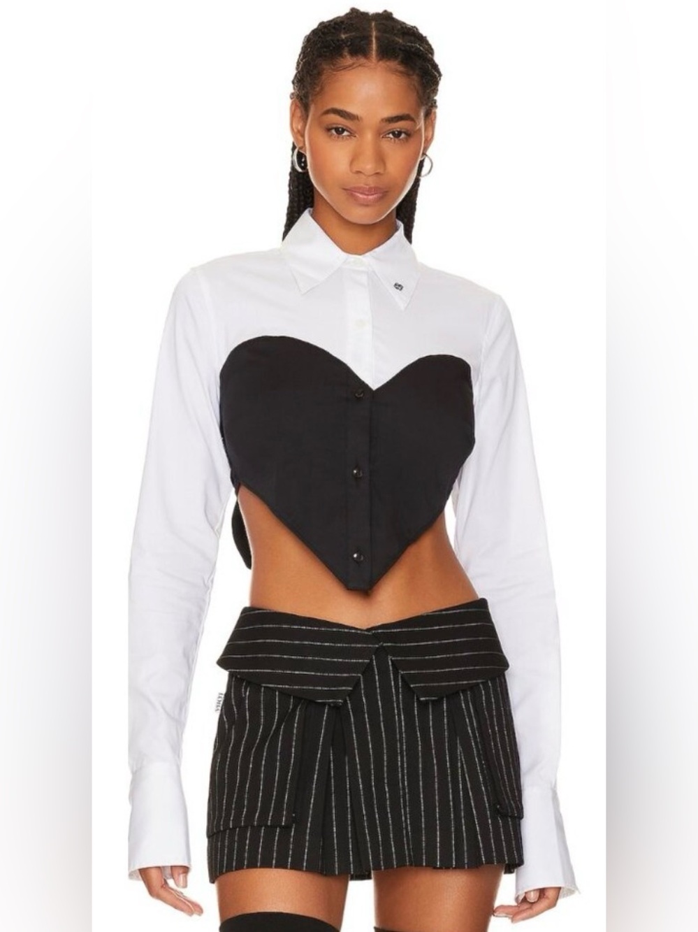 LOBA NEW Augstina Cropped Bow Preppy Button Up in Black and White Size XL